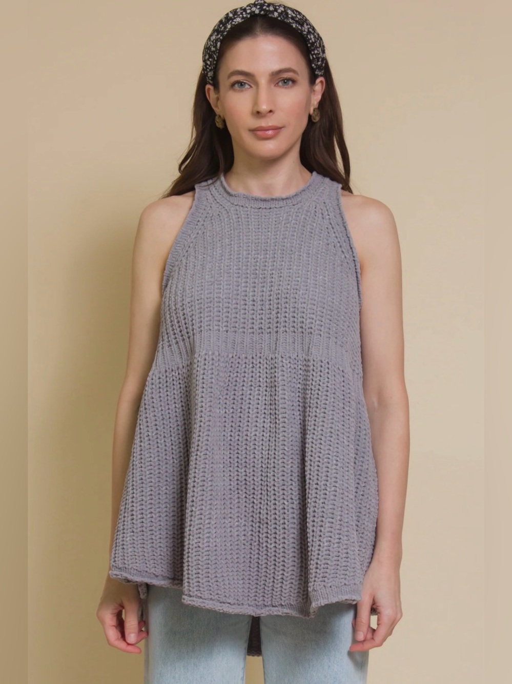 POL Large Gray Sweater Chenille Chunky Tank Style Boho Oversized Layering